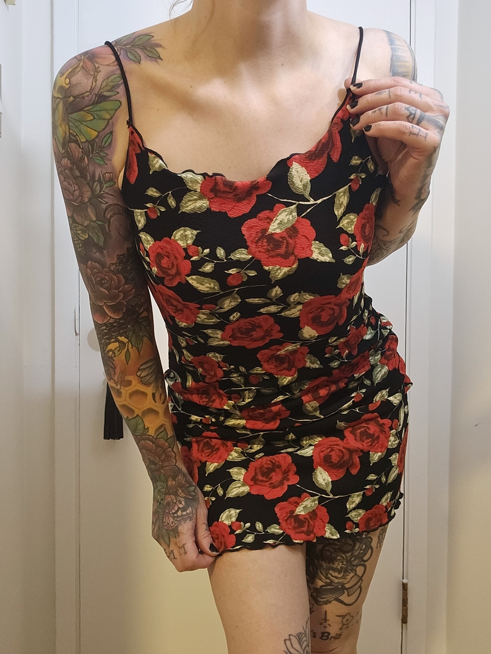 Y2K Floral Slip Dress Black with Red Roses Scallop Trim Sz S